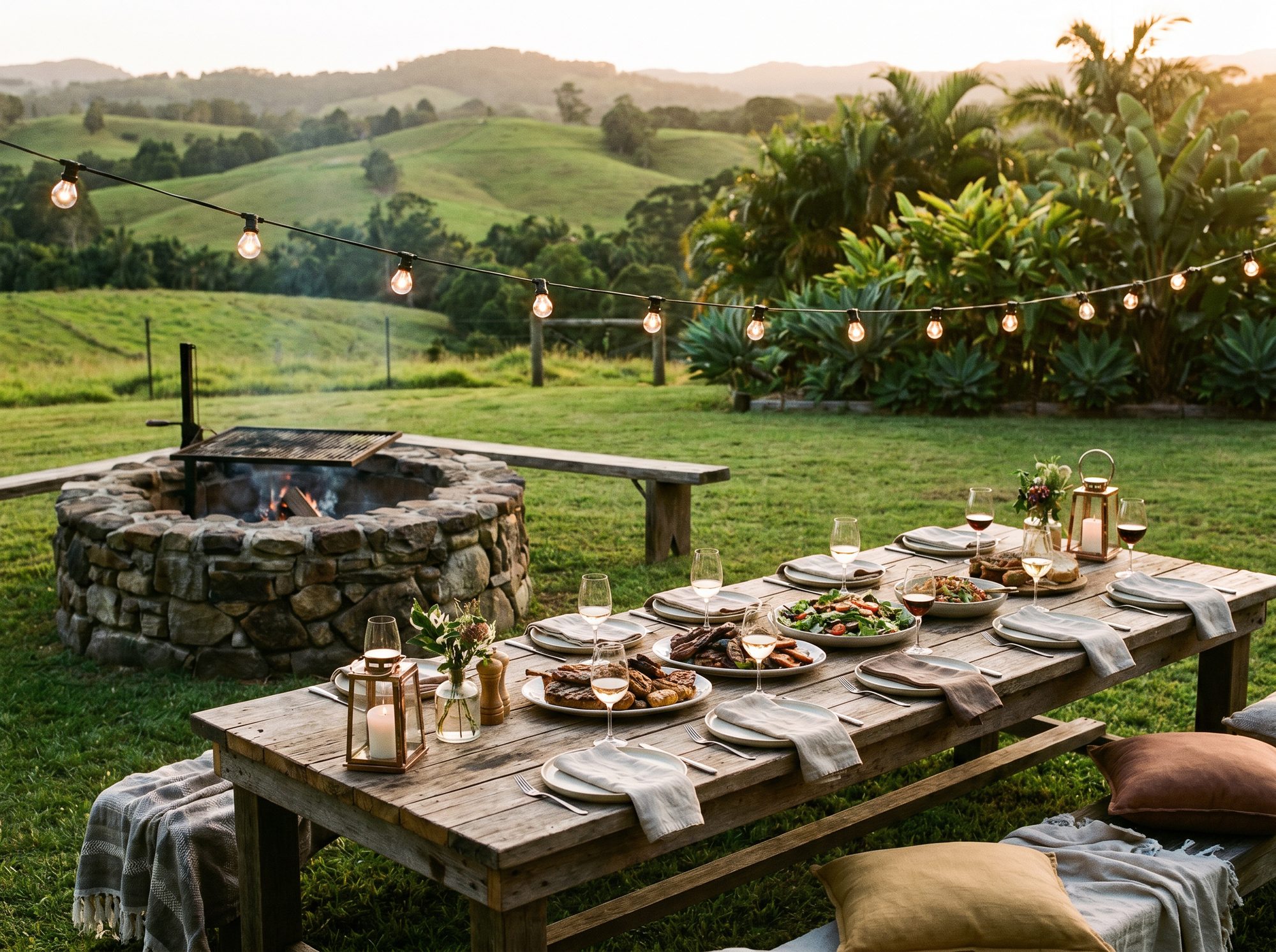 Beer garden with long tables and string lights at golden hour